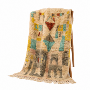 Boujaad Rug – Ivory Teal Yellow Grey Wool Rug – Handmade Abstract Symbol Rug – One of a Kind Boho Berber Carpet