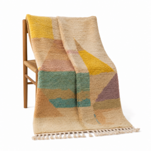 Boujaad Rug – Ivory Yellow Teal Pastel Wool Rug – Handmade Abstract Color Block Rug – One of a Kind Boho Berber Carpet