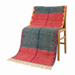Boujaad Rug – Teal Blue Fuchsia Wool Rug – Handmade Stripe Abstract Rug – One of a Kind Boho Berber Carpet