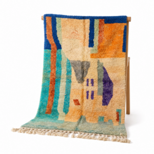 Boujaad Rug – Teal Blue Orange Multicolor Wool Rug – Handmade Abstract Art Rug – One of a Kind Boho Berber Carpet
