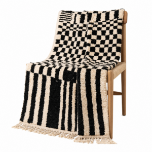 Checkered Rug – Ivory Black Wool Rug – Handmade Checker Stripe Transition Rug – Modern Area Rug – Berber Carpet – Multiple Sizes