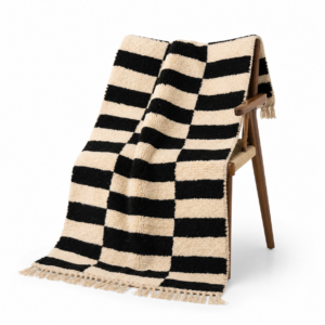 Checkered Rug – Ivory Black Wool Rug – Handmade Stripe Block Rug – Minimalist Area Rug – Berber Carpet – Multiple Sizes