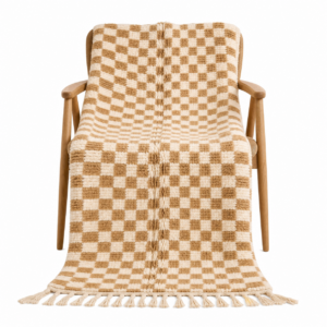 Checkered Rug – Ivory Camel Wool Rug – Handmade Neutral Checker Rug – Japandi Area Rug – Berber Carpet – Multiple Sizes