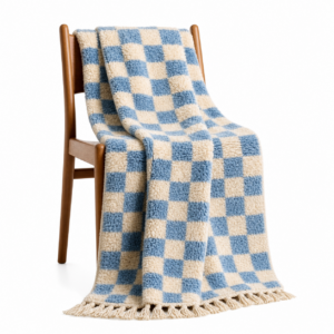 Checkered Rug – Sky Blue Ivory Wool Rug – Handmade Checker Rug – Coastal Area Rug – Soft Berber Carpet – Multiple Sizes