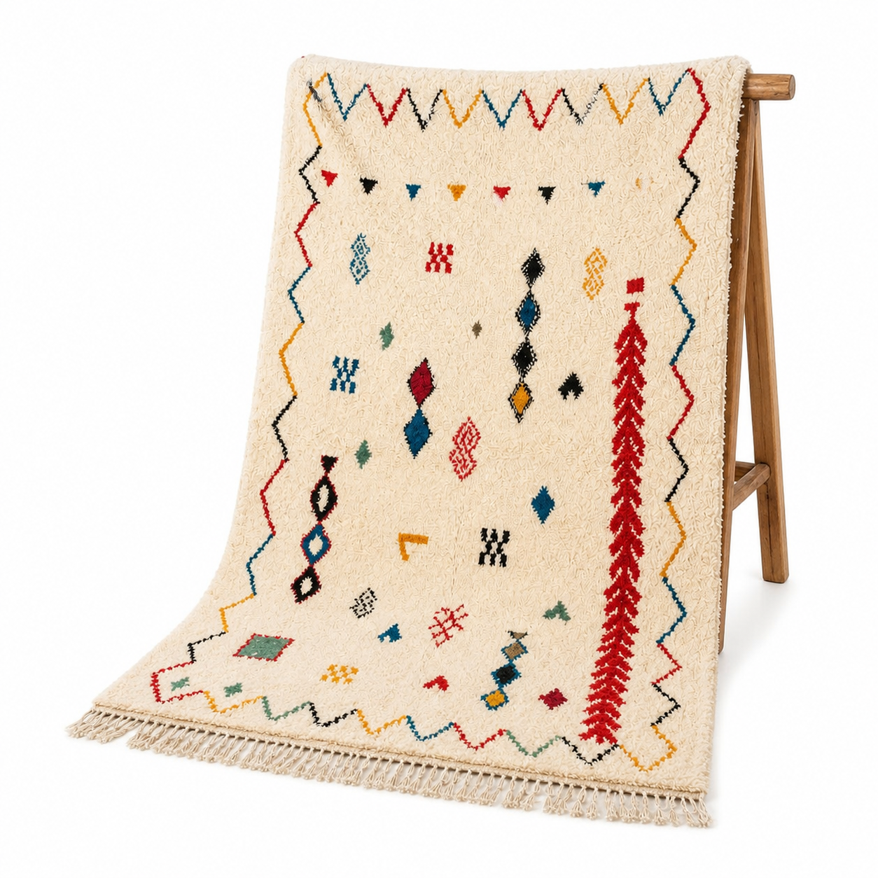 Colorful Amazigh Berber Azilal Wool Rug – Ivory Tribal Geometric Carpet
