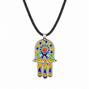 Enamel Hamsa Hand Sterling Silver Pendant: Amazigh Berber Coral Necklace