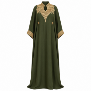 Gandoura Dress – Olive Green Embroidered Crepe Elegance