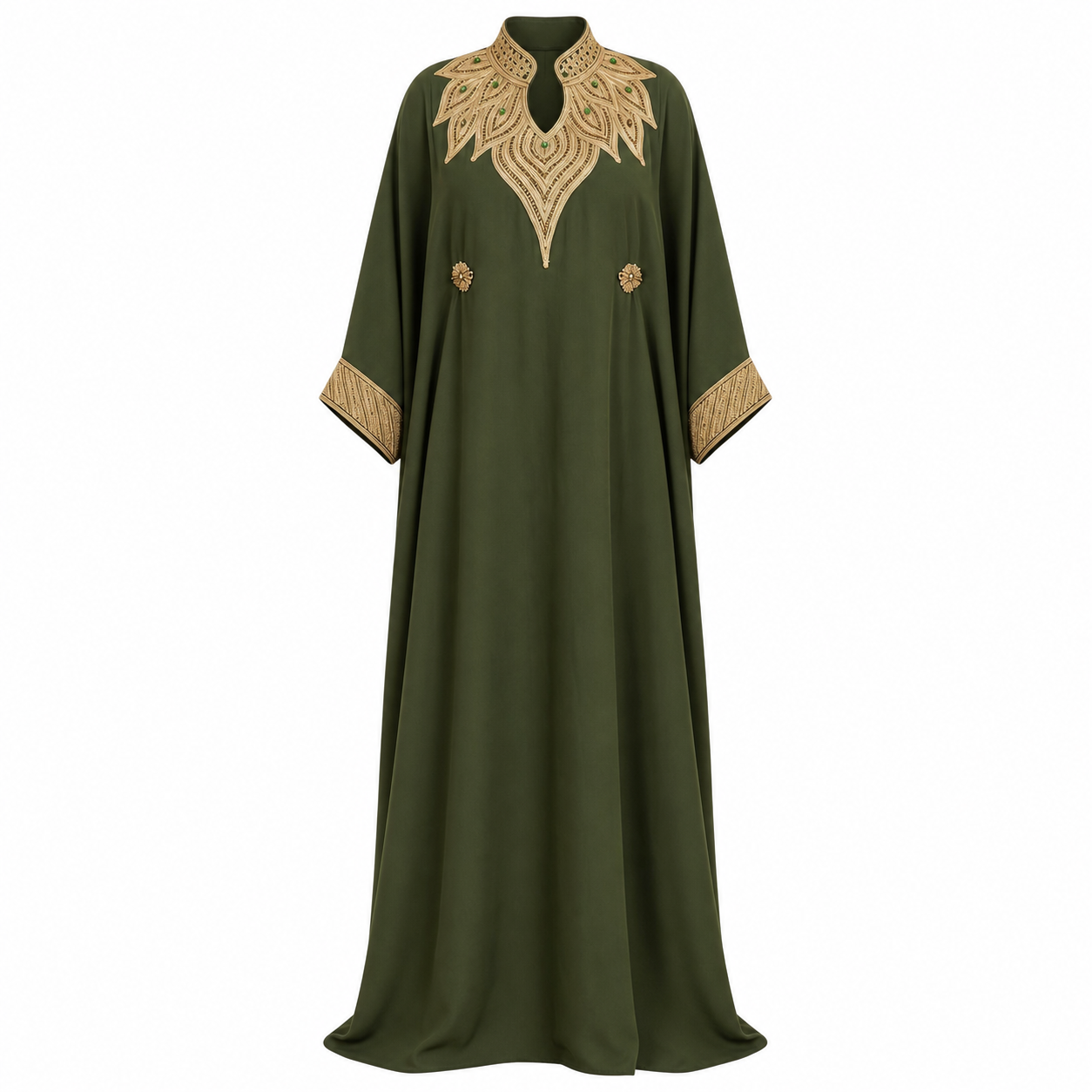 Gandoura Dress - Olive Green Embroidered Crepe Elegance