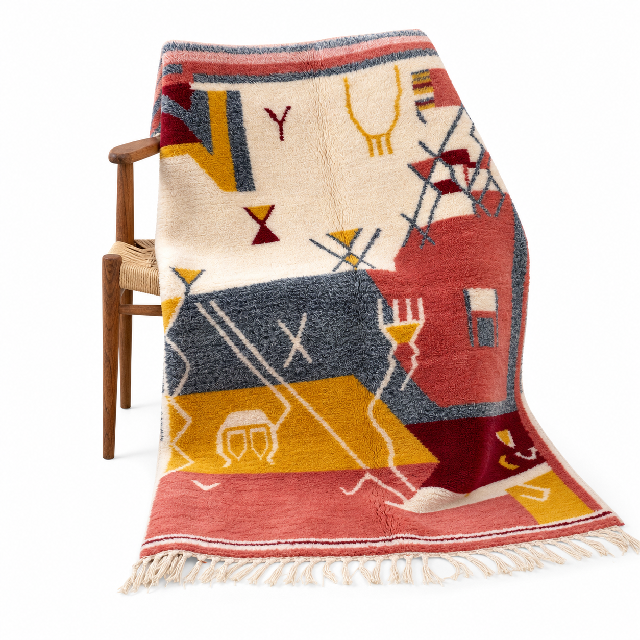 Hand Knotted Beni Ourain Wool Rug, Abstract Tribal Amazigh Carpet, Terracotta Burgundy Shag