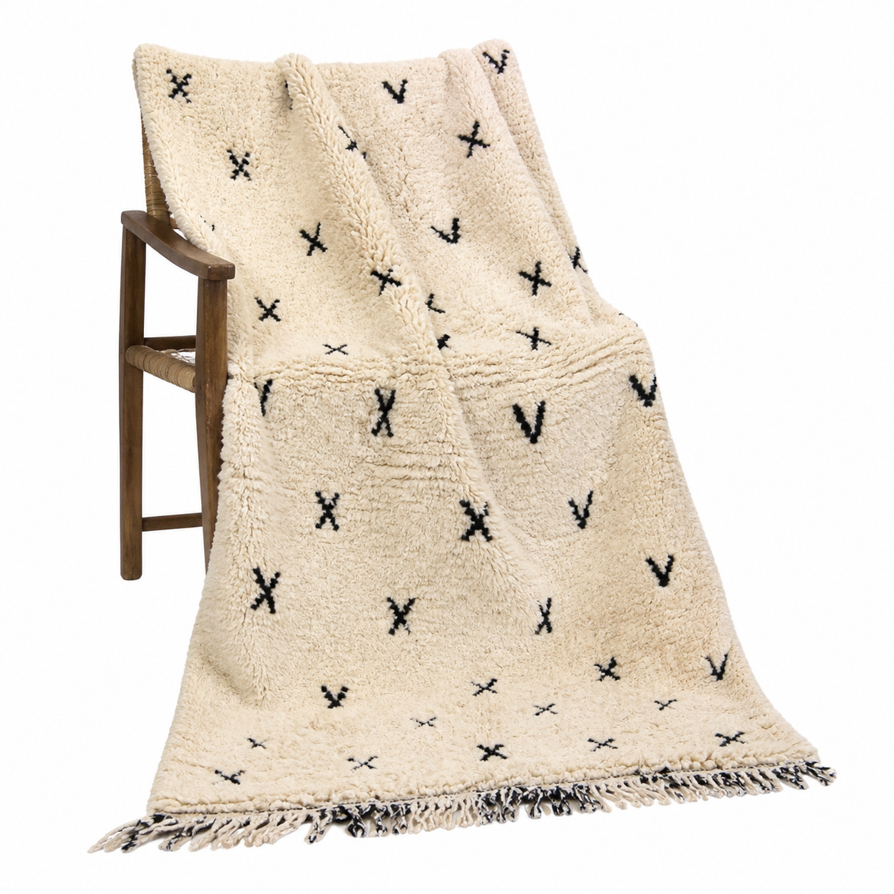 Hand-knotted Beni Ourain Wool Rug, Cream Berber Symbols, Boho Bedroom Decor