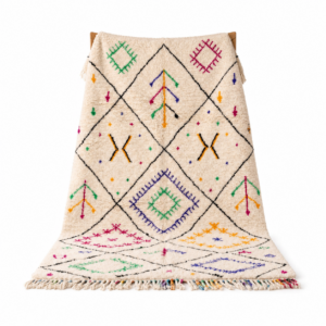 Hand-knotted Ivory Beni Ourain Wool Rug, Colorful Berber Symbols, Plush Shag Carpet
