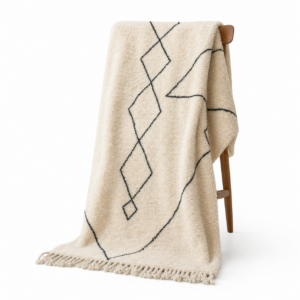 Hand-Knotted Ivory Wool Rug, Minimalist Black Diamond Berber Carpet, Scandinavian Shag Home