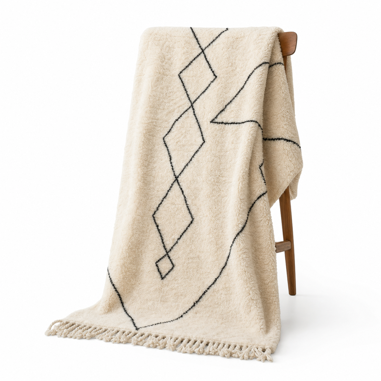 Hand-Knotted Ivory Wool Rug, Minimalist Black Diamond Berber Carpet, Scandinavian Shag Home