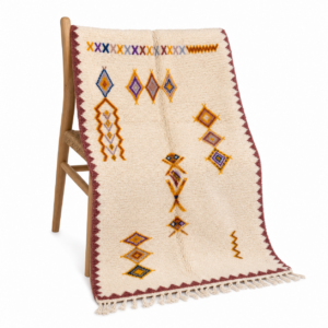 Handmade Beni Ourain Amazigh Rug, Ivory Wool Shag, Saffron Purple Amber Totem Carpet