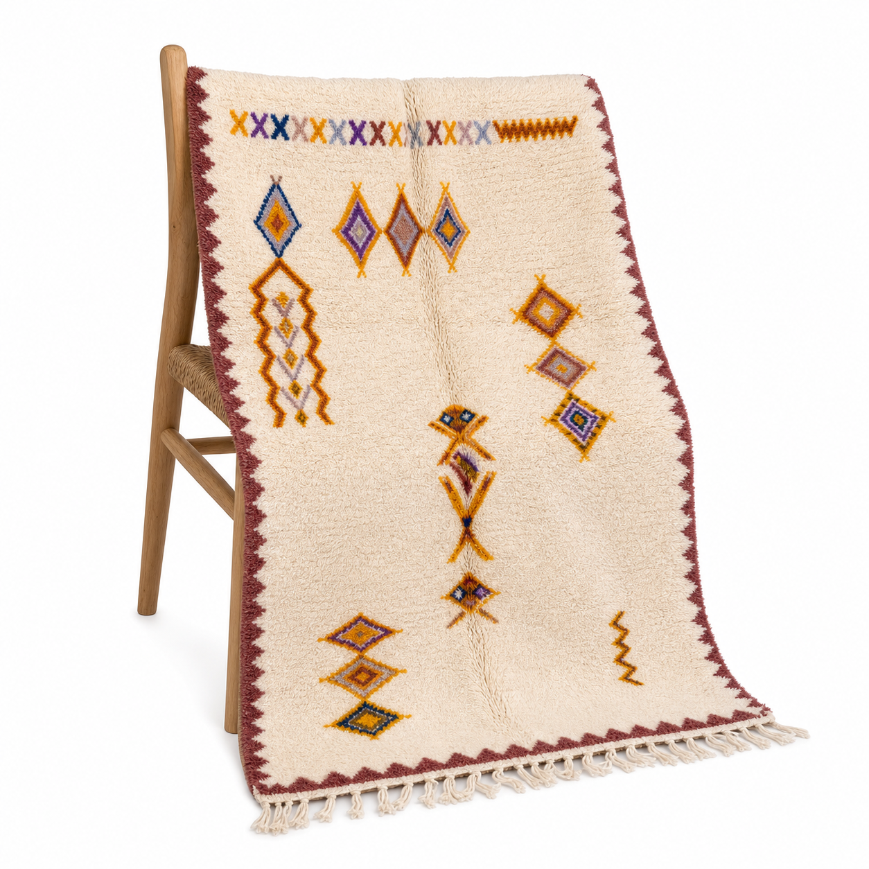 Handmade Beni Ourain Amazigh Rug, Ivory Wool Shag, Saffron Purple Amber Totem Carpet