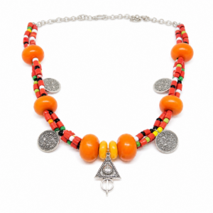 Handmade Berber Necklace: Antique Silver Coins, Coral & Faux Amber