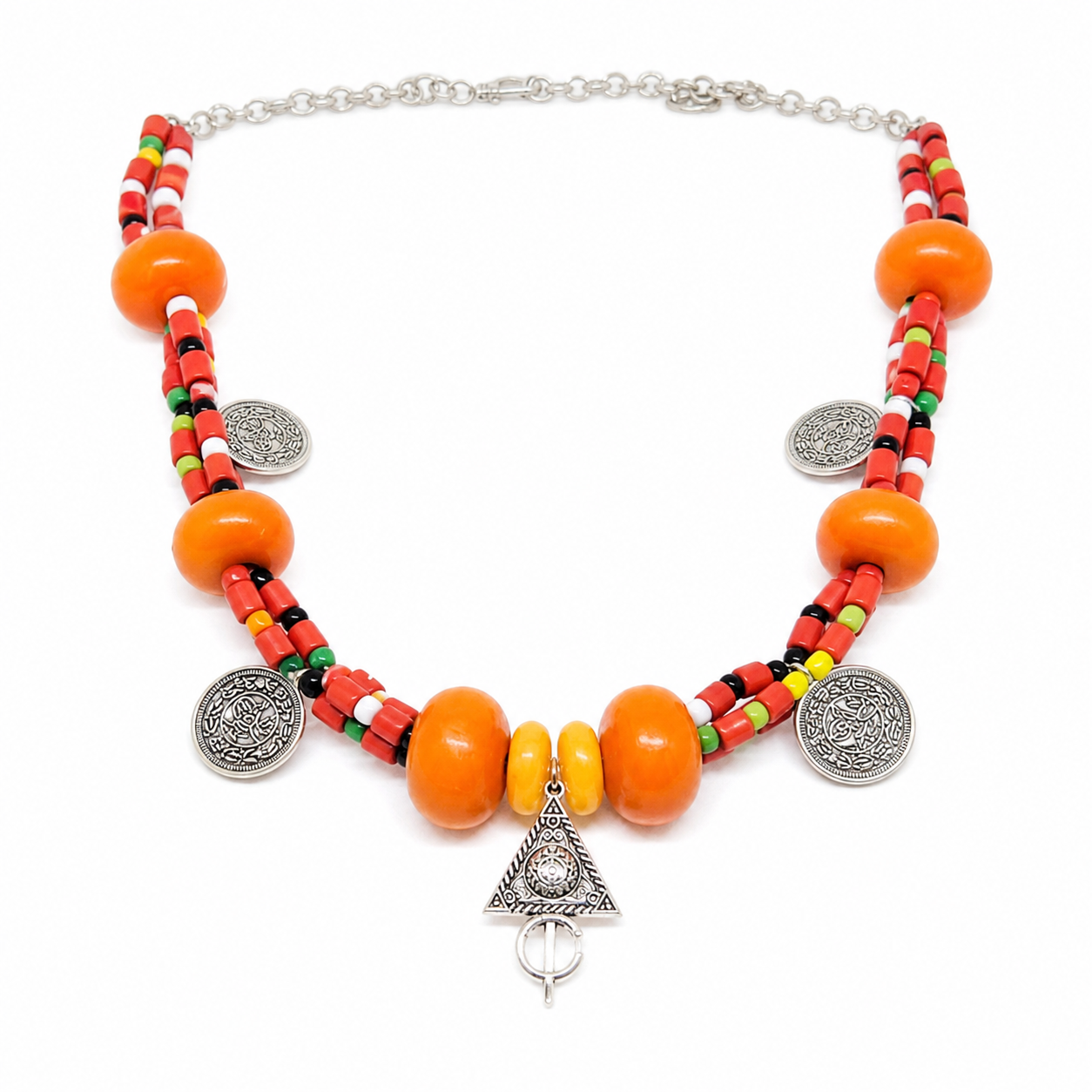 Handmade Berber Necklace: Antique Silver Coins, Coral & Faux Amber