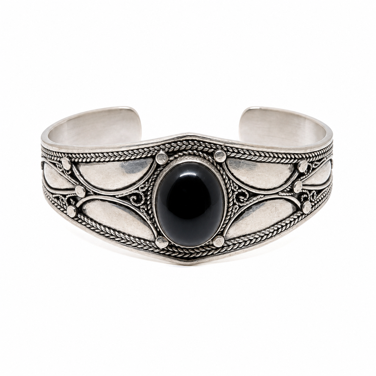 Handmade Onyx Sterling Silver Berber Bracelet, Boho Cuff Bangle