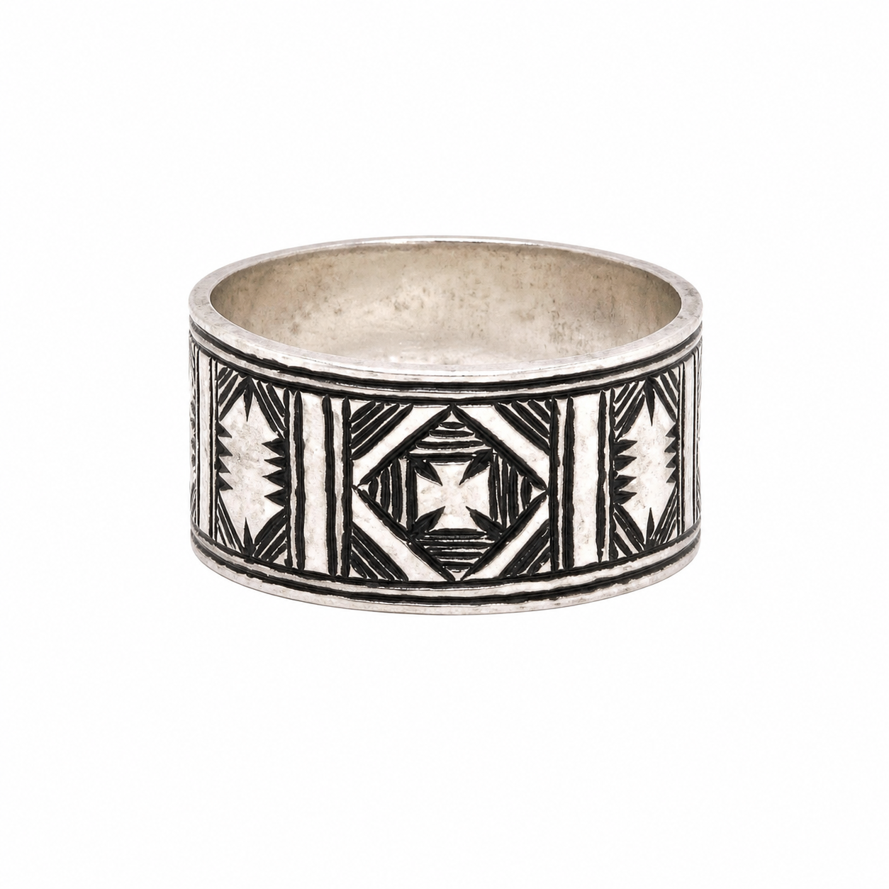 Handmade Sterling Silver Tuareg Cross Ring: Engraved Berber Ethnic Tribal Jewelry