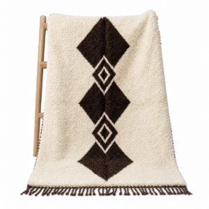 Handwoven Beni Ourain Diamond Wool Rug, Brown Cream Berber Carpet, Boho Living Room Decor