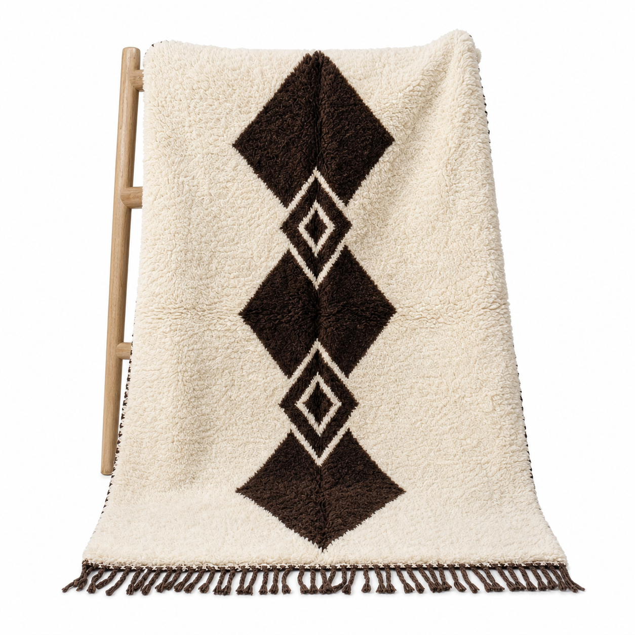 Handwoven Beni Ourain Diamond Wool Rug, Brown Cream Berber Carpet, Boho Living Room Decor