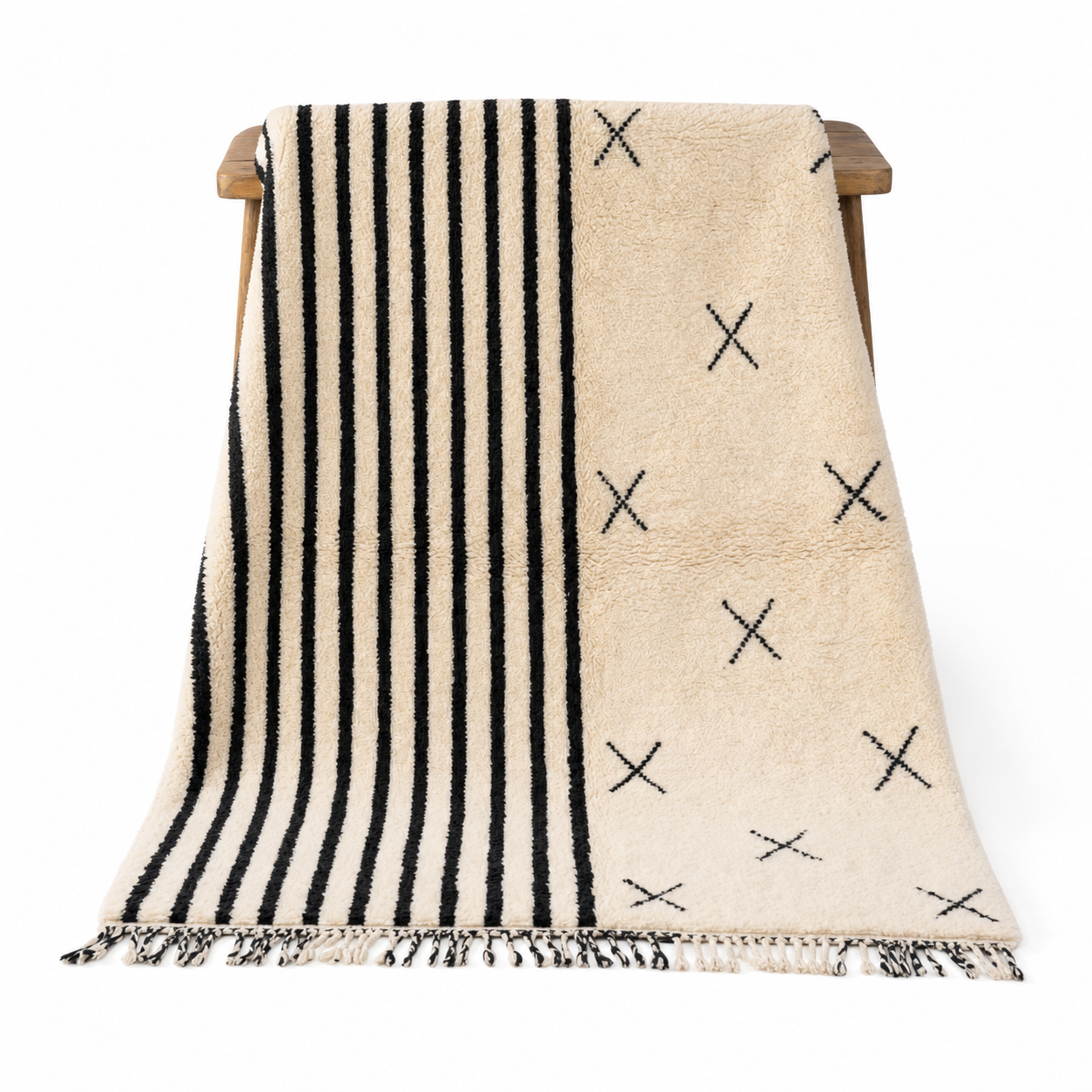 Handwoven Beni Ourain Rug, Black White Stripes, Asymmetric Berber Carpet, Boho Living Room