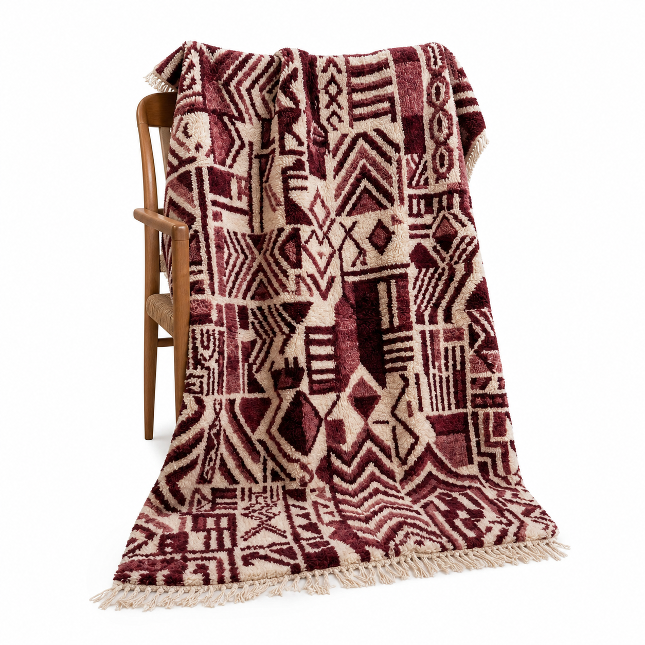 Handwoven Burgundy Berber Rug - Abstract Tribal Wool Shag Carpet