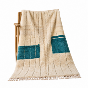 Ivory & Teal Beni Ourain Rug – Handwoven Wool Shag, Color Block Berber Carpet, Modern Boho Living Room Area Rug