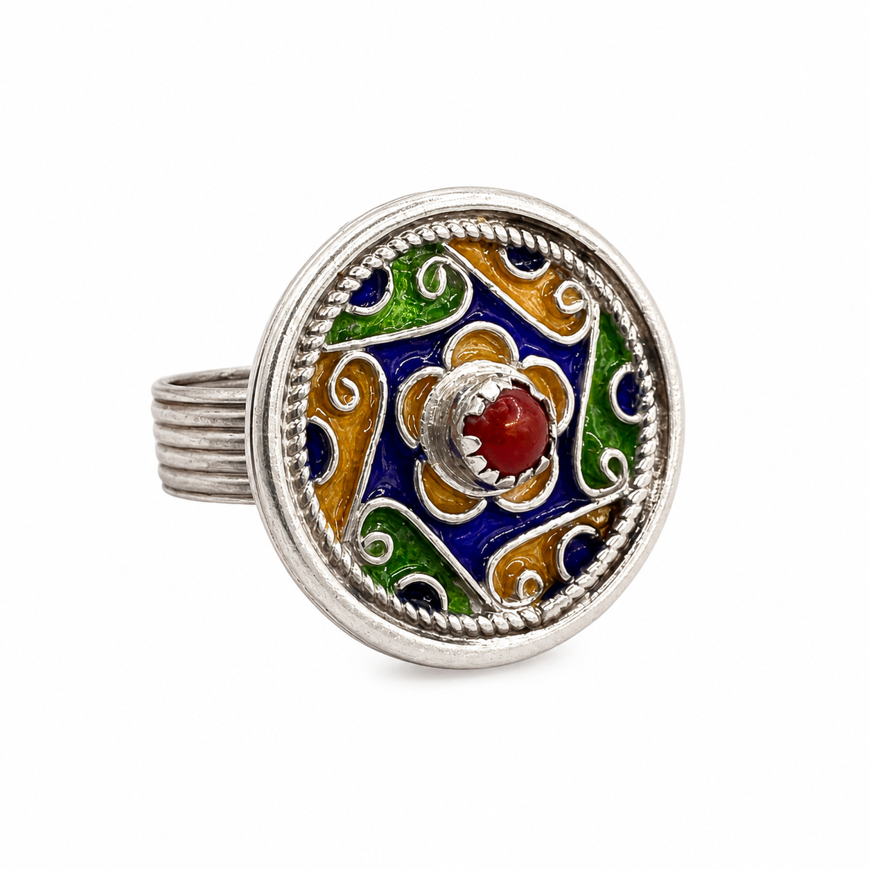 Kabyle Berber Ring: Sterling Silver, Enamel Coral - Handmade Adjustable Ring Size 10.5 US / 63.5 FR