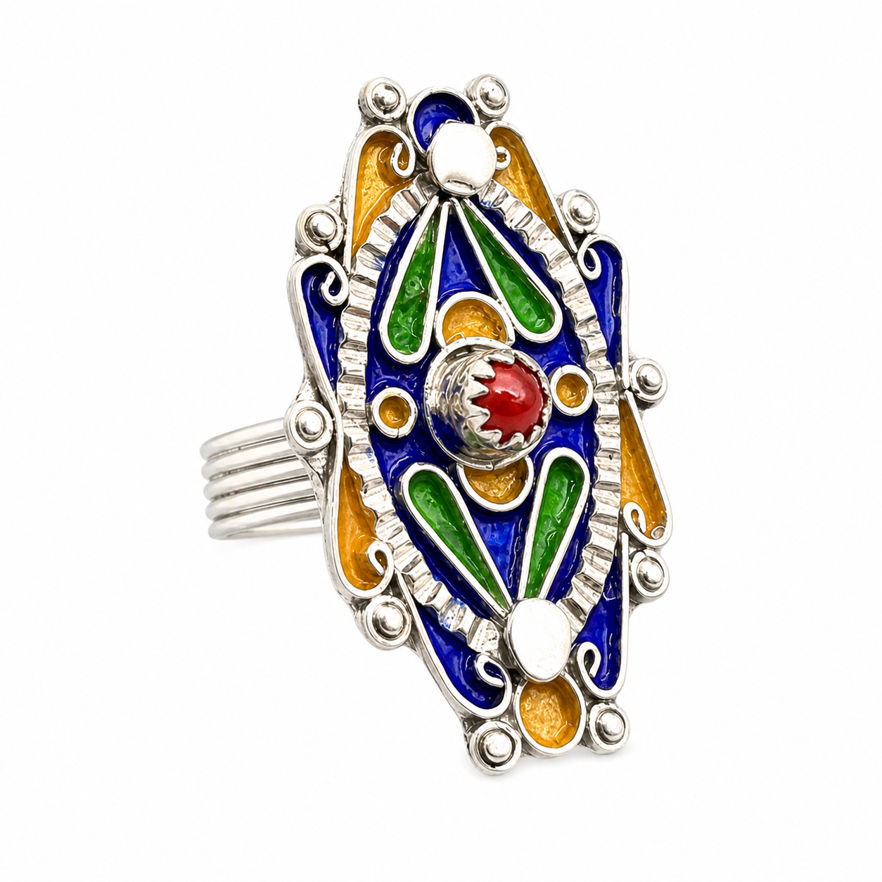 Kabyle Berber Ring: Sterling Silver, Enamel Coral - Handmade Adjustable Size FR 59 / 9 US