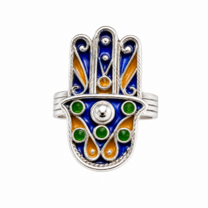 Kabyle Hamsa Hand Sterling Silver Ring: Berber Enamel Ethnic Jewelry