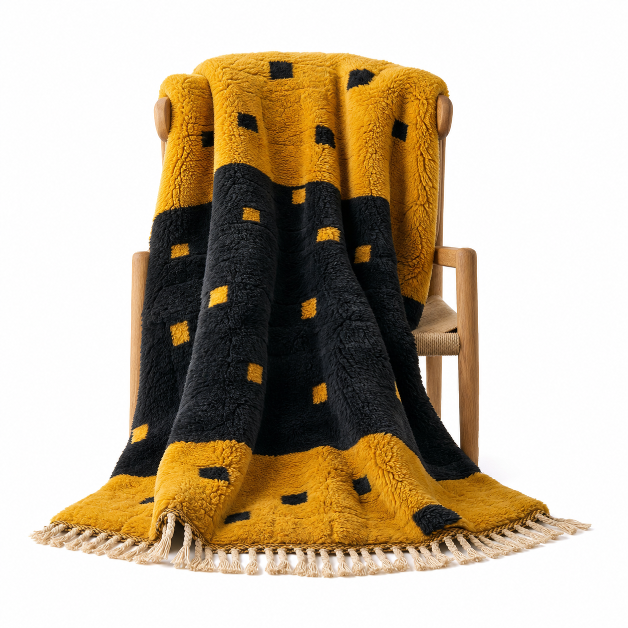 Mrirt Rug - Mustard Gold Black Luxury Wool Rug - Handmade Color Block Dot Rug - Ultra Plush Area Rug - Berber Carpet