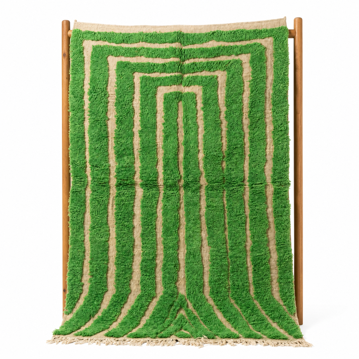 Rug - Green Ivory Stripe Wool Rug - Handmade Berber Graphic Rug - Bright Green Boho Area Rug - Maze Pattern Carpet - Multiple Sizes