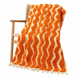 Rug – Ivory Orange Zigzag Wool Rug – Handmade Berber Wave Rug – Terracotta Boho Area Rug – Abstract Stripe Carpet – Multiple Sizes