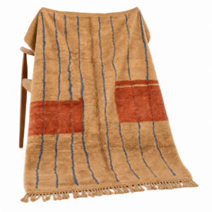 Terracotta Color Block Berber Rug – Camel & Blue Stripe Wool Shag, Handwoven Beni ourain Living Room Rug