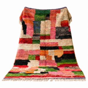 Tribal Wool Rug Multicolor – Handwoven Boujaad Berber Carpet, Pink Green Color Block Boho Custom Living Room Area Rug