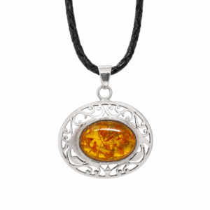 Vintage Baltic Amber Stone Sterling Silver Pendant: Art Round Amber 925 Necklace 17.88g