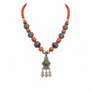 Vintage Coral Lapis Lazuli Necklace, Sterling Silver, Tibetan Tribal Jewelry