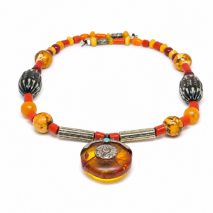 Vintage Faux Amber Coral Bead Necklace: Handmade Bohemian Tribal Pendant