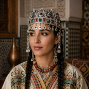 Amazigh Bridal Crown – Traditional Berber Headpiece with Enamel & Coin Charms