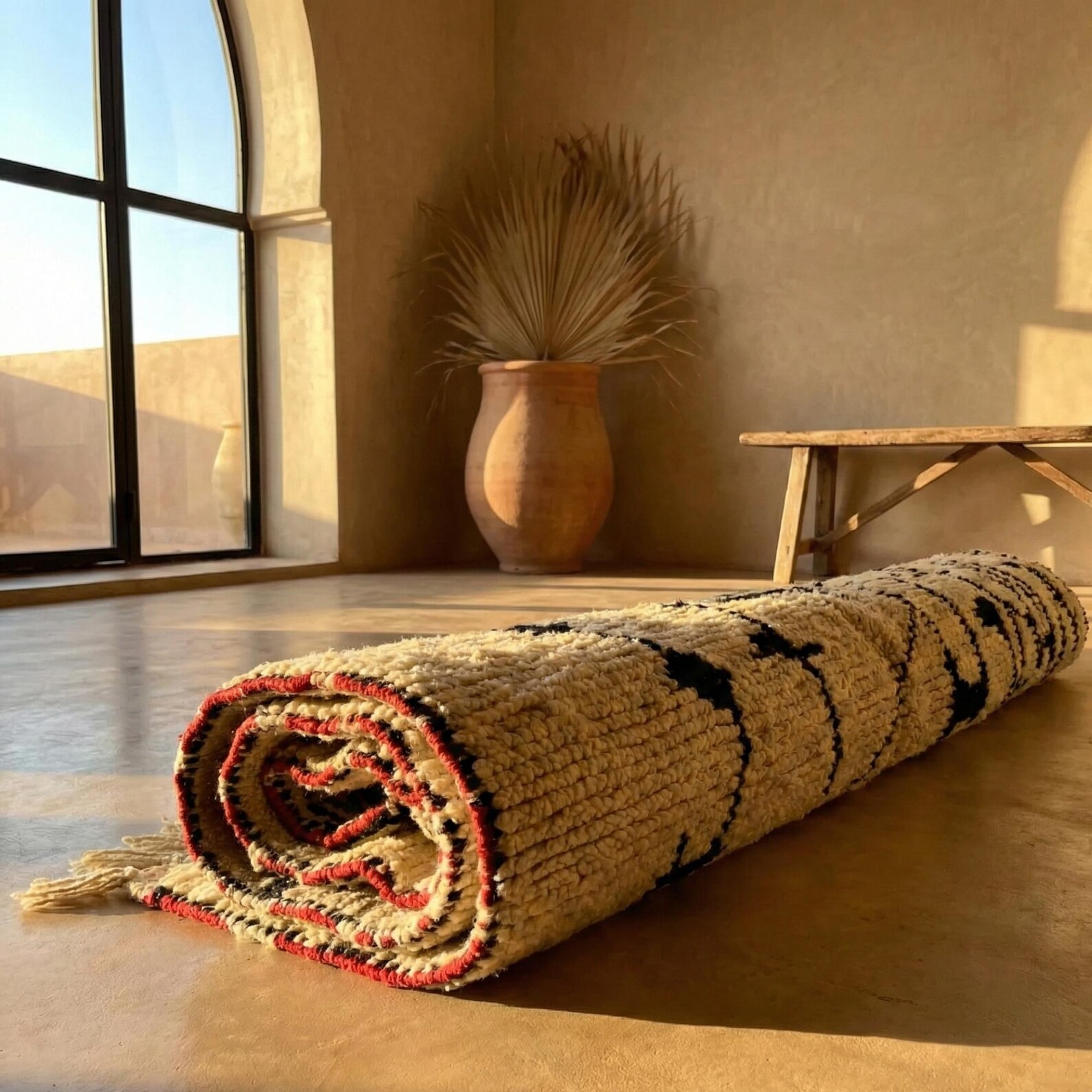 Large Wool Rug 8x10 – Ivory & Black Berber Tribal Rug