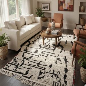 Large Wool Rug 8x10 – Ivory & Black Berber Tribal Rug