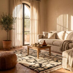 Large Wool Rug 8x10 – Ivory & Black Berber Tribal Rug