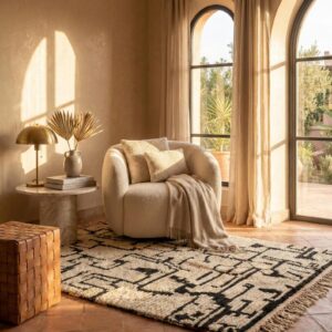 Large Wool Rug 8x10 – Ivory & Black Berber Tribal Rug