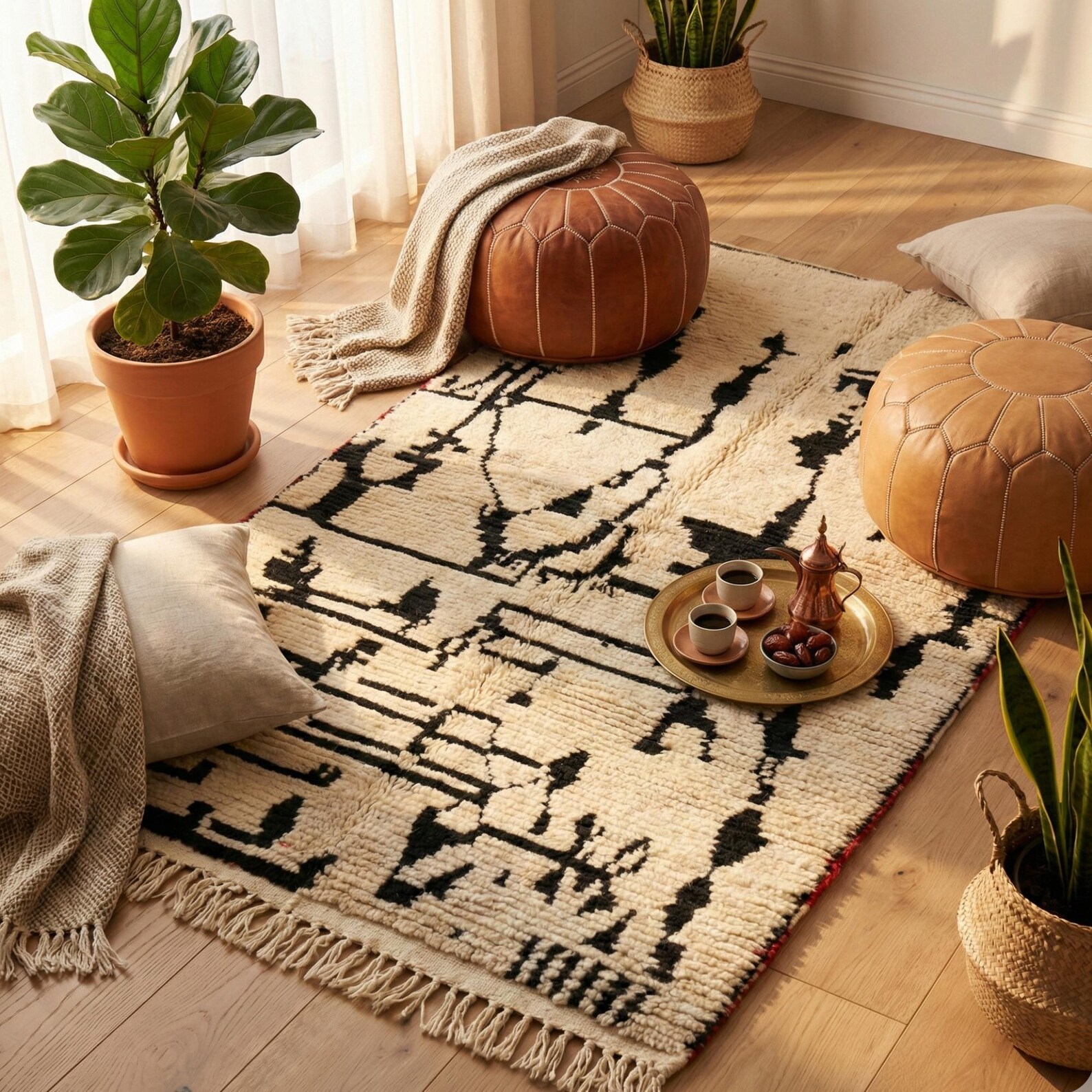 Large Wool Rug 8x10 – Ivory & Black Berber Tribal Rug - Image 16