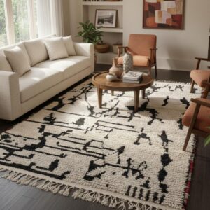 Large Wool Rug 8x10 – Ivory & Black Berber Tribal Rug