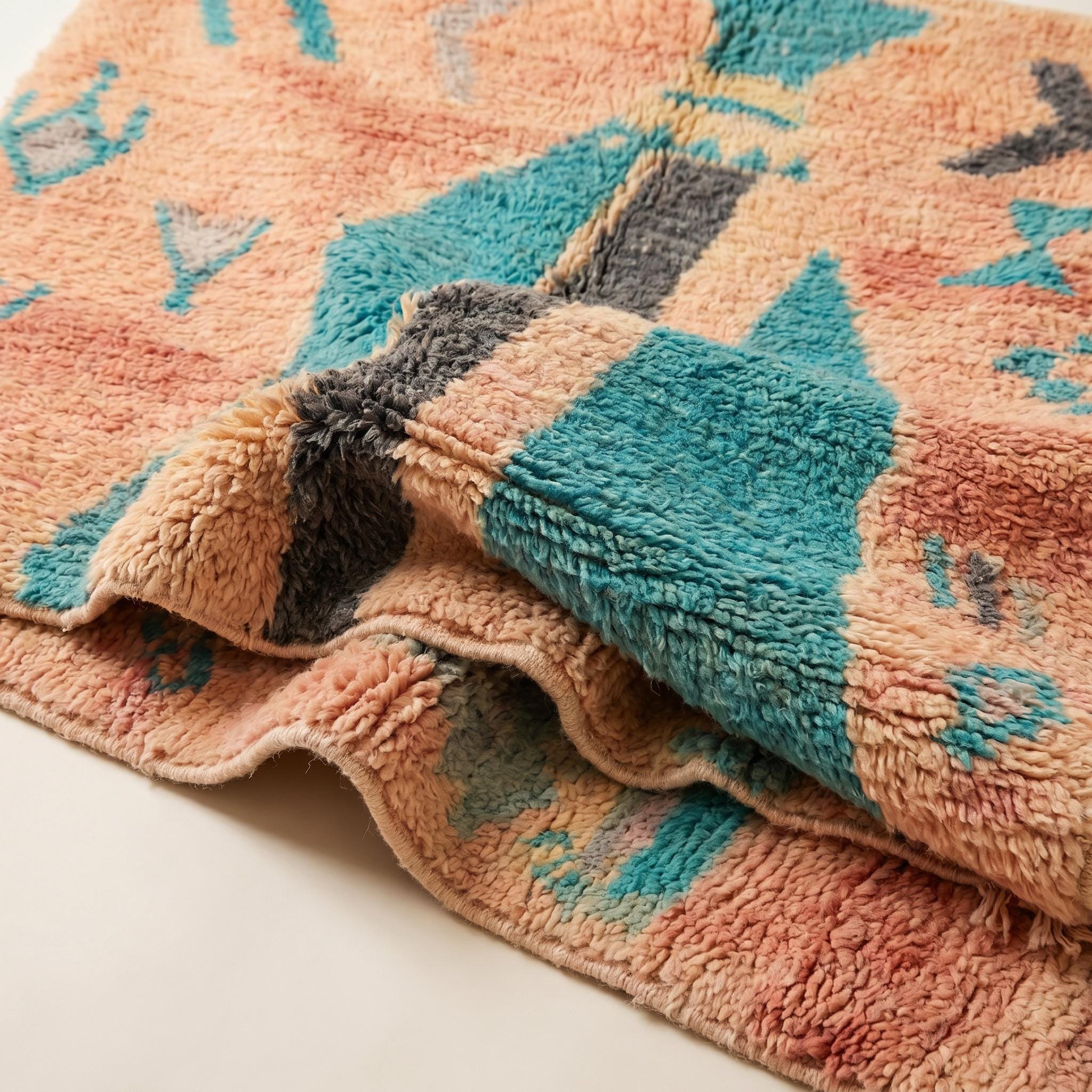 Boujaad Rug - Salmon Pink Teal Wool Rug - Handmade Tribal Symbol Abstract Rug - One of a Kind Boho Berber Carpet