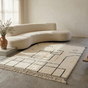 Berber Ivory Architectural Wool Rug, Black Grid Line Beni Ourain Carpet, Bauhaus Modern Shag Home