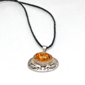 Vintage Baltic Amber Stone Sterling Silver Pendant: Art Round Amber 925 Necklace 17.88g