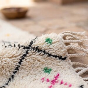 Hand-knotted Ivory Beni Ourain Wool Rug, Colorful Berber Symbols, Plush Shag Carpet